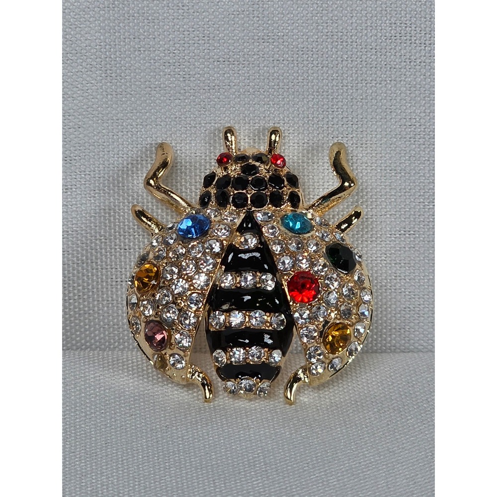 Austrian‎ Crystal Ladybug Brooch Gold Tone Multi Color Jeweled